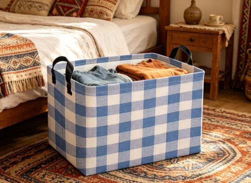 Image of Kids Basket Grid Storage Basket Gift Basket Rectangular Bedroom Decor for Books(Blue grid)