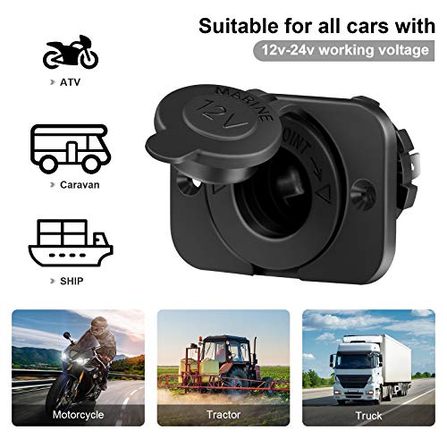 FENGWANGLI 1 Pack LED Cigarette Lighter Socket, 12V Waterproof Power Outlet Receptacle With Panel, Wire Fuses and USB for ATV RV Truck Motorcycle Yacht(Blue)