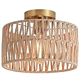 Hchunqjor Coastal Antique Gold Woven Flush Mount Light Fixture Rustic Boho Hemp Rope Brass Semi Flus