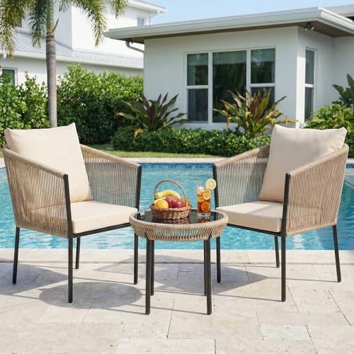 Image of OUTLIVING Braid & Rope 2 Seater Garden Patio Seating Chair and Table Set Outdoor Balcony Garden Coffee Table Set Furniture with 1 Table and 2 Chairs Set with Cushion (Beige)