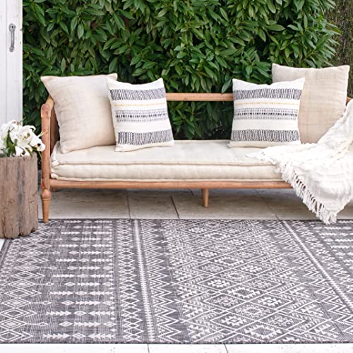Fh Home Flat Woven Outdoor Rug - Waterproof, Easy To Clean, Stain Resistant - Premium Polypropylene Yarn - Boho Moroccan - Patio, Porch, Deck, Balcony - Dakar - Charcoal - 5Ft 2In X 7Ft 6In #TOP14