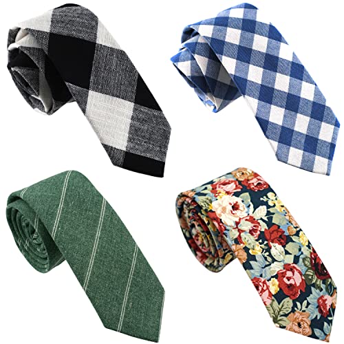 Image of Cotton Skinny Ties for Men, Plaid and Striped Slim Neckties