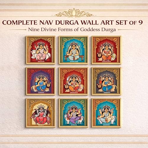 Image of Nine Forms of Nav Durga Wall Art Painting Set of 9 with Frames 9x9 Inch, Hindu Goddess Navratri Decorative Wall Paintings & Showpiece, Spiritual Religious Wall Decor for Living Room, Pooja Room