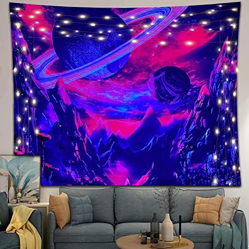 Jiamusi Sky Planet Blacklight Tapestry UV Reactive Tapestry for Bedroom Trippy Tapestry black light Tapestry aesthetic Wall Hanging for Room Home Decor