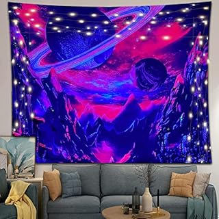Jiamusi Sky Planet Blacklight Tapestry UV Reactive Tapestry for Bedroom Trippy Tapestry black light Tapestry aesthetic Wall Hanging for Room Home Decor