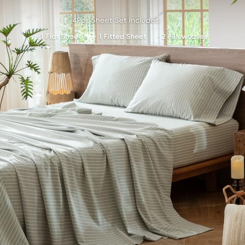 Image of MooMee Striped Sheet Set 100% Washed Cotton Linen Like King