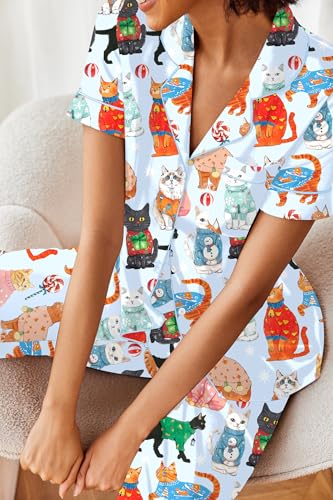 Image of Ekouaer 2 Piece Satin Short Sleeve Pajamas Set Button Down Sleepwear | Soft Pjs Set Classic Loungewear for Wedding, Party, Home, Daily Wear, Date Nights