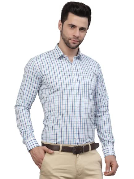 Image of Style Quotient Men White and Turquoise Checks Yarn Dyed Polycotton Regular Formal Shirt