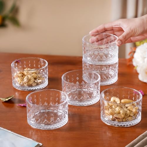 Image of Nestasia Glass Dessert Bowls Set of 6 (220ml Each) - Diamond Embossed Transparent Katori for Ice Cream | Microwave Safe Snack Bowls with Gift Box - Perfect for Gifting