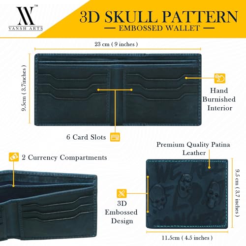 Leather Wallets For Men- 3D Embossed Skulls Pattern Design Bifold Vintage Distressed Genuine Leather Wallet With Two Cash Pockets And Six Card Slots (Blue)2