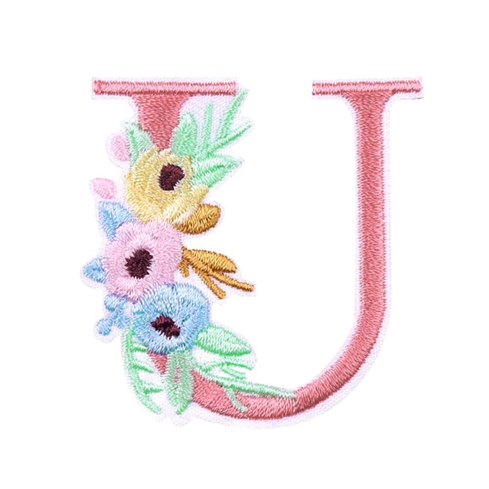Locomo Individual Floral Letter Iron On Patch Alphabet Sew On Patch Embroidered Flower Elegant Capital A-Z Name Badge for DIY Jacket Coat Backpack Decoration