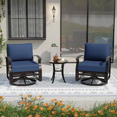 Gotland 3 Piece Patio Set, Metal Outdoor Swivel Chairs Set of 2 with 5.1’’ High-Resilience Seat Cushions Tempered Glass Double-Layer Coffee Table Removable Cushions for Backyard, Lawn, Porch, Navy