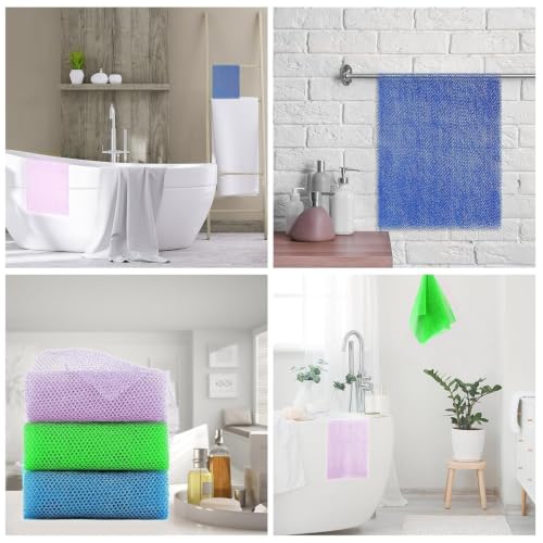 Image of UJFQBH 3 Pieces African exfoliating net African Net Long Net Bath Sponge Exfoliating Shower Body Scrubber Back Scrubber Skin Smoother,Great for Daily Use (Purple, Blue, Green)