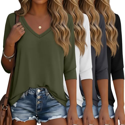 Ficerd 4 Pack Women's 3/4 Sleeve T Shirts, V Neck Casual Tunic Tops Loose Fit Cotton Shirts Solid Color Summer Tees