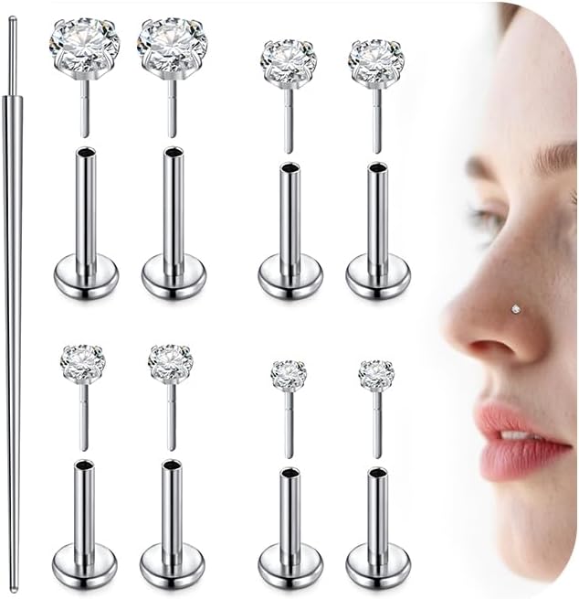 Mayhoop Threadless Nose Stud Earrings G23 Titanium Push in Flat Back Nose Rings Helix Cartilage Tragus Lip Labret Conch Piercing Jewelry Hypoallergenic for Women Men 16G/18G/20G