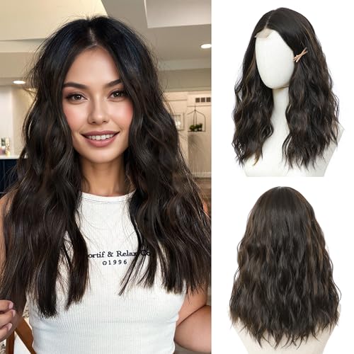 Dark Brown Wig 18 Inch Medium Length Wigs for Women Middle Part Synthetic Hair Wavy Wig with Upgraded Strands,Natural Hair Wigss for Daily Party/Halloween Use 18Inch,Dark Brown Highlight 6/30