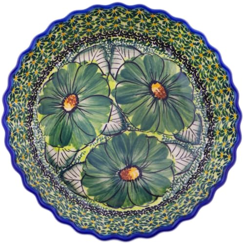 Authentic Polish Pottery Fluted Pie Dish Signature UNIKAT in Green Fantasy Design Handmade in Boles?awiec Poland by Ceramika Dalia + Certificate of Authenticity