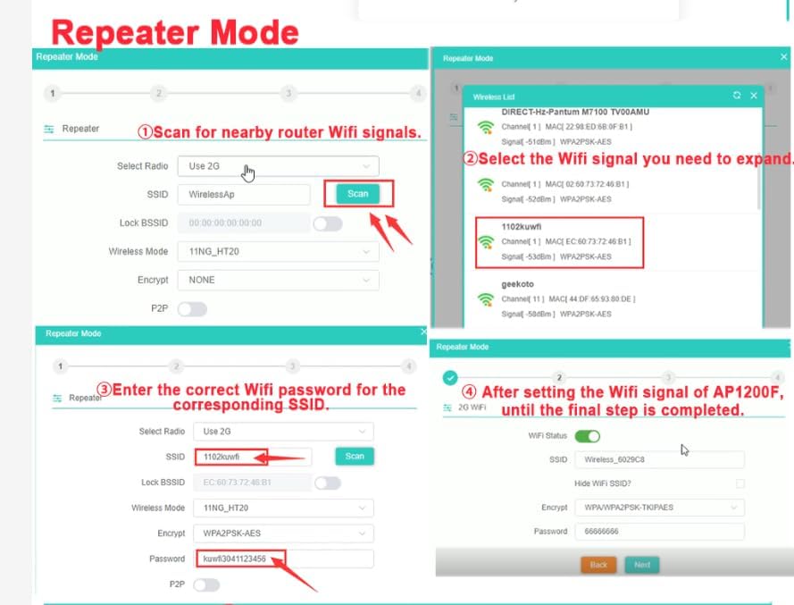 Screenshots showing the Repeater Mode setup process: scanning for WiFi signals, selecting a network, entering the password, and confirming settings.