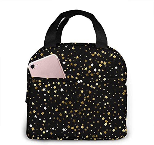Lsjuee Lunch Bag Glitter Stars Gold Black Lunch Box Insulated Bag Tote Bag for Men/Women Work Travel