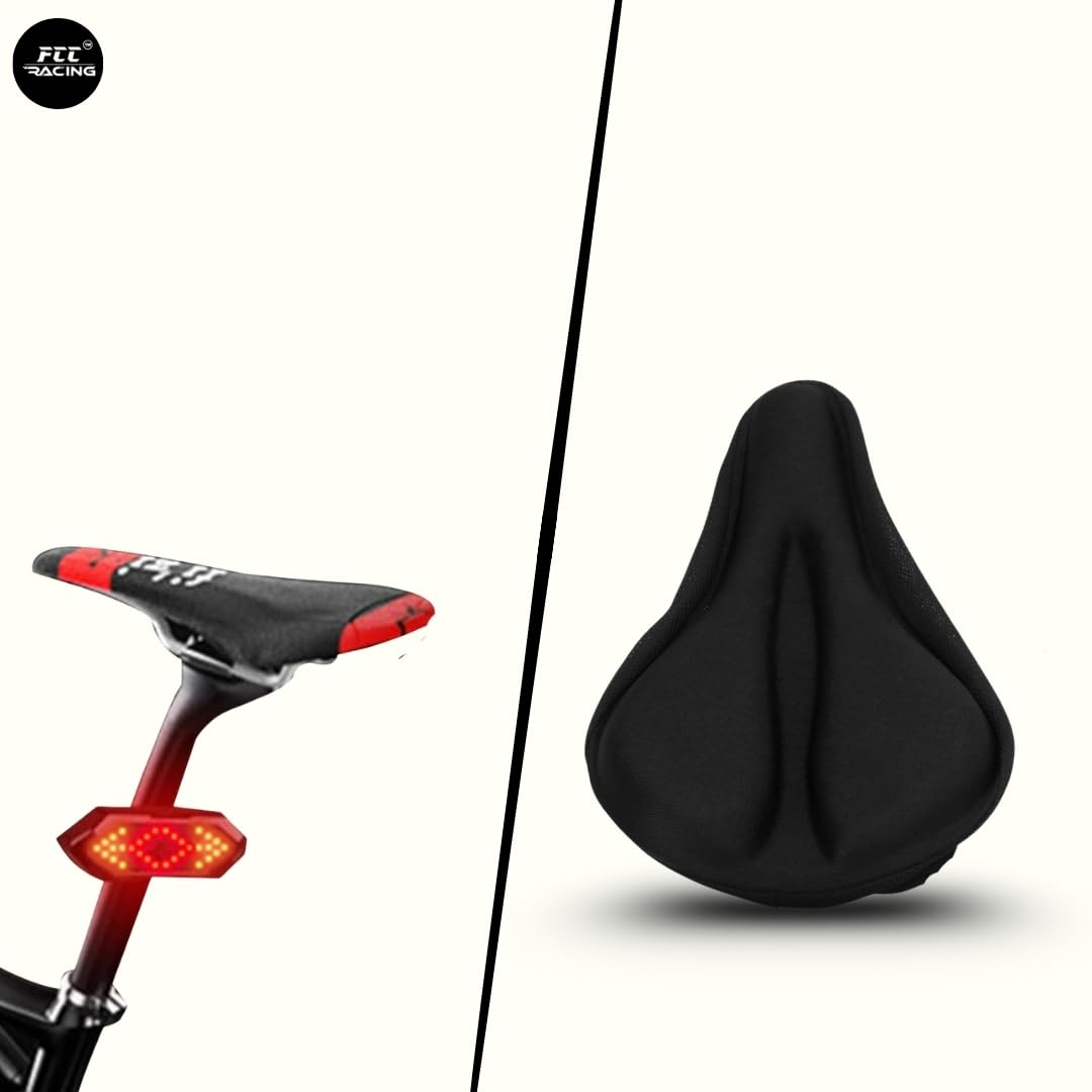 FCCRACING Premium Bicycle Saddle Cover and Indicator Back Light Combo | Soft Cushion Cover, Universal Fit, USB Rechargeable Light Safety Combo for Bicycle 3