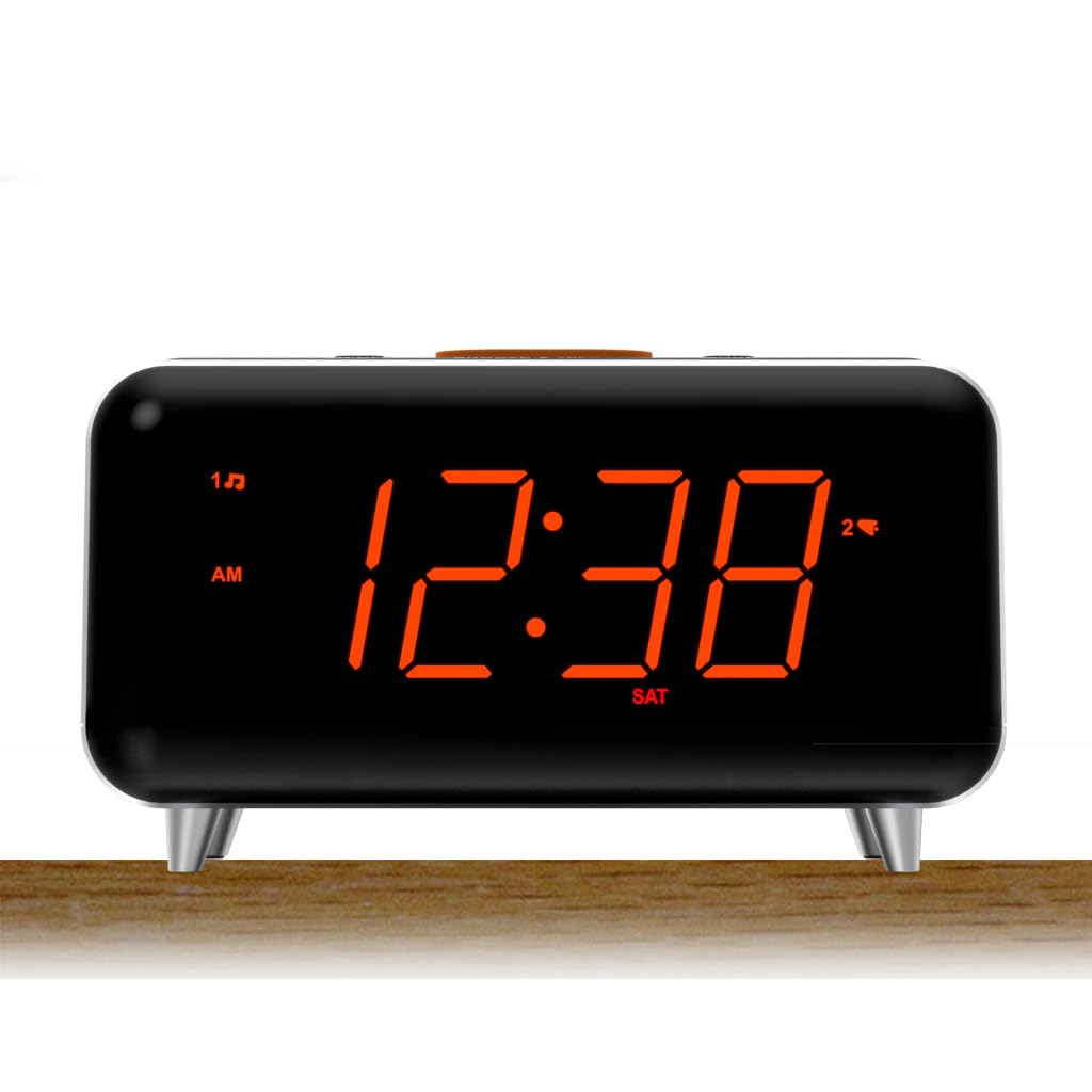 Emerson CKS1521-A SmartSet Radio Sveglia Bluetooth Dual con Display LED Arancione da 1,4", Regolazione automatica dell'ora, caricatore del telefono USB, radio FM, ingresso AUX, dimmer automatico e