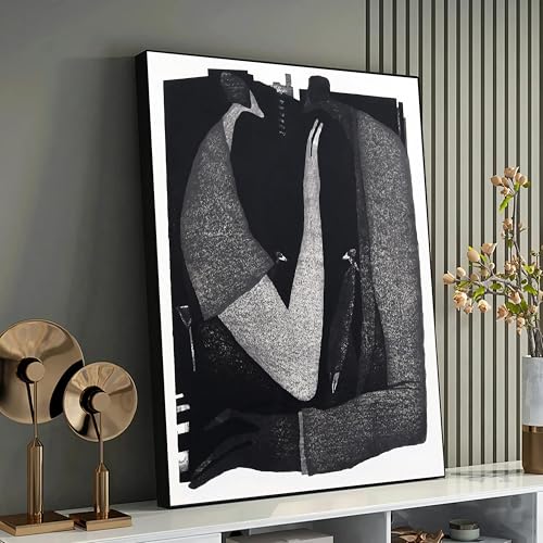 Peinture sur toile étreinte abstraite : art mural contemporain noir et blanc