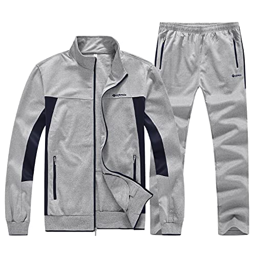 BGOWATU Men's Tracksuits 2 Piece Running Jackets Athletic Pants Sports Suit with Zipper Pockets Gray M