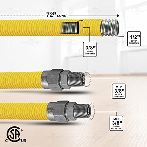 Image of HIGHCRAFT 72 Inch Gas Connector with Fittings, Yellow Coated Gas Connector, 1 /2 inch OD, 3 /8 inch MIP x 3 /8 inch MIP Connection