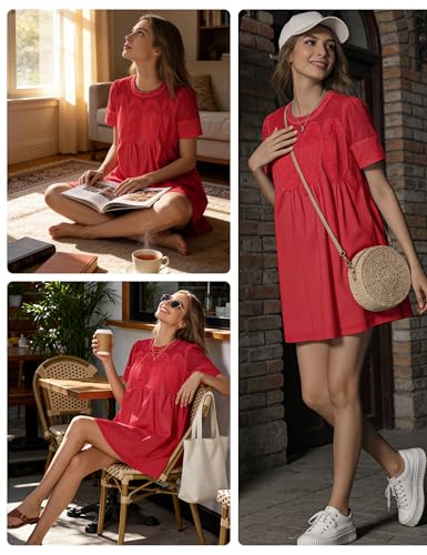 Image of Shiyifa Womens Babydoll Lace Patchwork Dresses Summer Short Sleeve Ruffle Sundress Loose Crew Neck A-Line Dresses