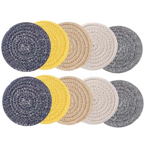 ledmomo 10個 綿製コースター 吸水速乾 防?断熱パッド 丸型 家用耐熱カップ断熱マット 滑り止め付き 再利用可能 簡単洗浄 キッチンテーブル