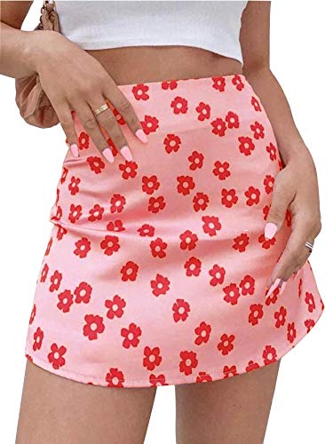 LYANER Women's Casual Floral Print Satin Silk High Waist Zipper Mini Short Skirt Pink Medium