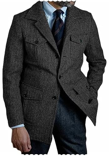Men's Herringbone Tweed Suit Jacket Business Formal Blazer Coat for Wedding Tuxedo