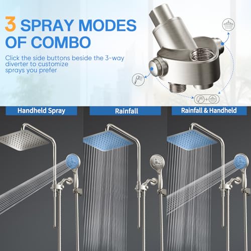 VXV 10 Inch Big Square Rain/Rainfall Shower Head with Adjustable Height, High Pressure 7 Modes Shower Head with Handheld Spray, Brushed Nickel Dual Shower Head Combo with 71" Hose, 360° Rotation (BN) by VXV - Used condition - Image 5