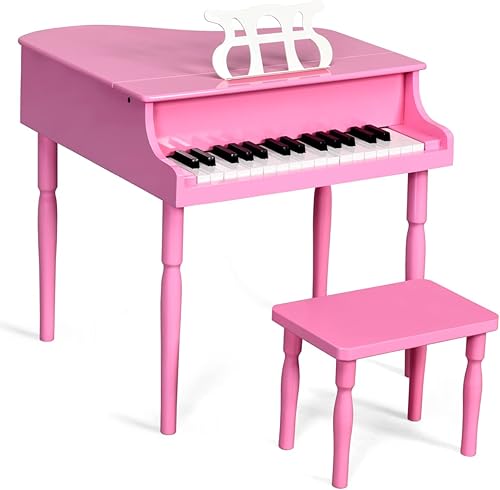 HONEY JOY Piano clásico para niños, mini piano de cola de 30 teclas con soporte de música y banco, juguete de instrumento musical de madera con tapa