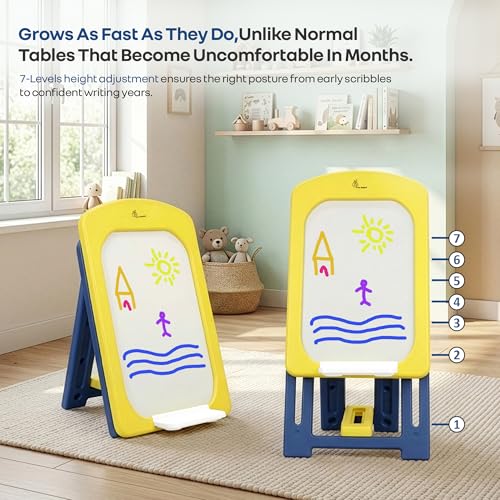 Image of R for Rabbit Little Genius Doodle Duo for Kids Whiteboard with Chair Set | 7-Level Adjustable Height Study Table for 3-7 Years | Foldable & Space Saving | Desk for Learning & Drawing (Yellow Blue)