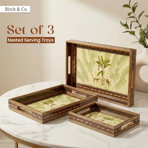 Image of Birch & Co. Wooden Tray Set for Serving - Trays Set of 3 - Elegant Rectangular Trays Large with Easy-Grip Handles, Multipurpose Kitchen, Dining & Home Decor Organize, Pantheredit