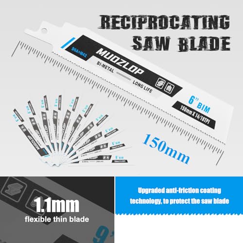 Image of 10 Pack 6 inch Reciprocating Saw Blades Set, 14 /18TPI High Carbon Saw Blades, Metal Saw Blades with Organizer Case (10, 14 /18TPI /6 inch)