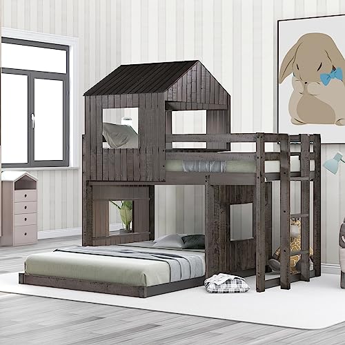Epinki Wooden Twin Over Full Bunk Bed, Loft Bed with Playhouse, Farmhouse, Ladder and Guardrails, Antique Gray, Kids Bed