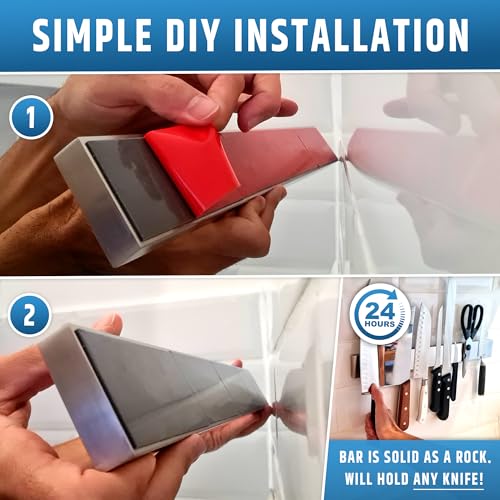 Image of 17 inch Strong Adhesive (No Drill) Magnetic Knife Holder for Wall - Professional Knife Strip - No Screws Needed - Adhesive Backing - Stainless Steel Knife Bar (Upgraded Version - Will Not Fall)