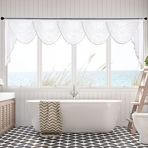 NICETOWN Sheer Curtain Valances with Tassel Beaded for Living Room, Rod Pocket Kitchen Swag Window Valance for Home Decor Sheer Short Curtain Tiers fo