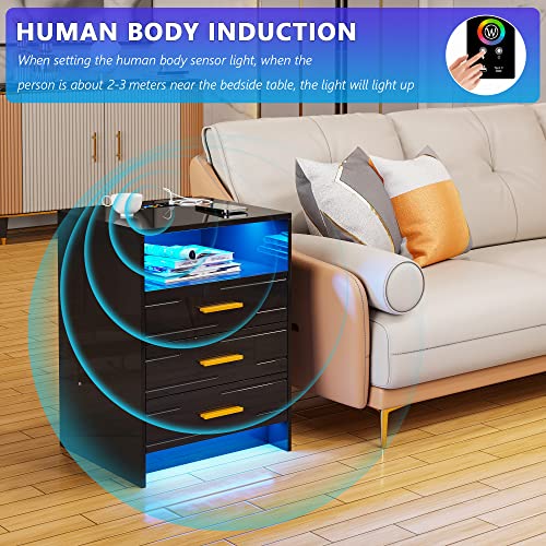 Hnebc Led Nightstand With Charging Station, High Gloss Black Night Stands With Wireless/Usb/Type-C Charging Station, Human Body Induction Smart Bedside Tables, 3 Drawers/20 Color Modes #TOP4