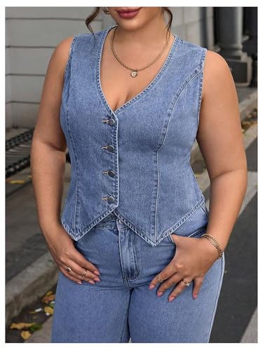 WDIRARA Women's Plus Size V Neck Vest Denim Jacket Button Down Sleeveless Jean Waistcoat4
