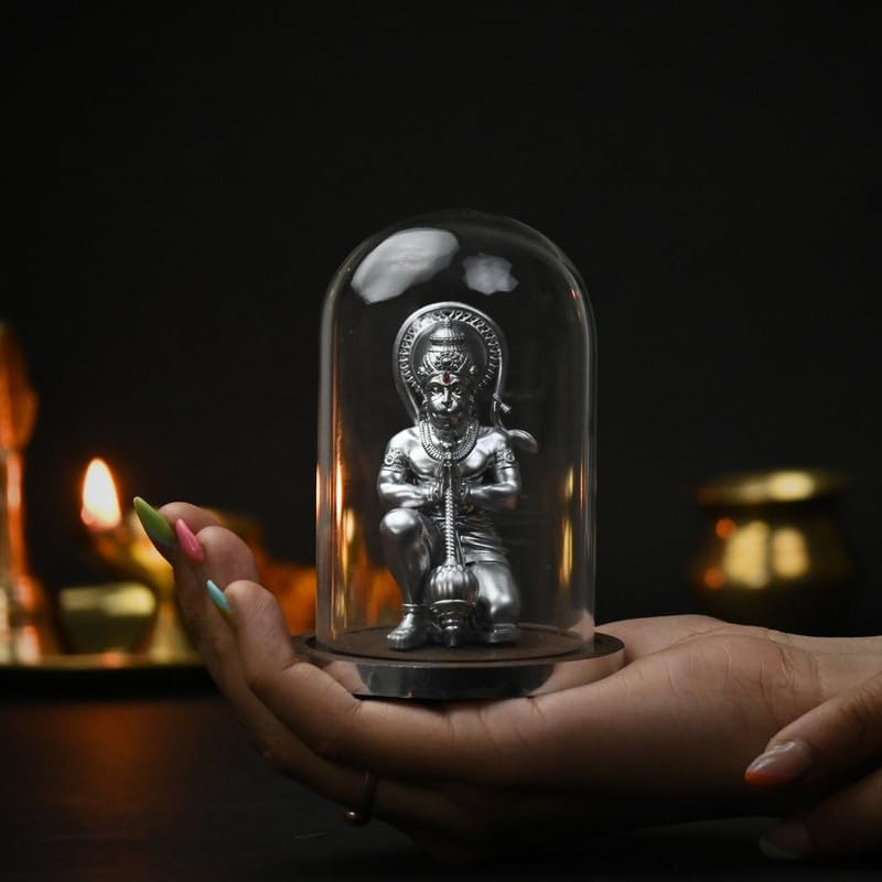 Image of Mahabali Hanuman Idol Silver Look Small Divine Murti for Mandir, Car Dashboard, Home & Office | Resin Lord Hanuman Statue for Pooja, Vastu & Festival Gifting
