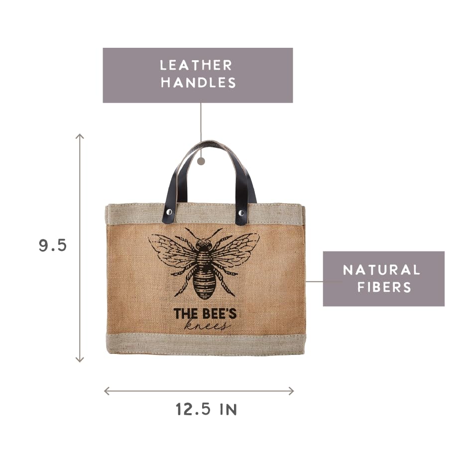 Image of Santa Barbara Design Studio Mini Jute Tote - Natural Burlap Hand Bag with Waterproof lining and Leather Handles, 12.5 inch x 9.5 inch, Bees Knees