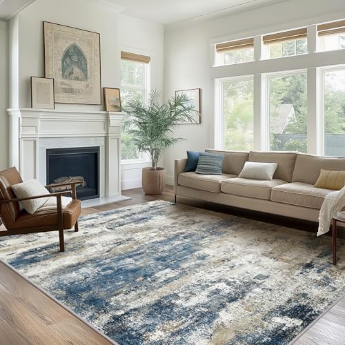 Area Rugs 6x9 for Living Room Bedroom, Modern Abstract Machine Washable Rug, Large Soft Low Pile Floor Carpet with Non Slip Backing for Dining Room, Navy Blue Beige