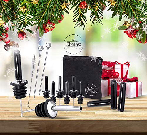 Chefast Bottle Pourers Set: 8 Stainless Steel Pour Spouts, 10 Long Dust Cap, 2 Cocktail Picks, Brush And Storage Bag - Metal Toppers For Liquor Spout Pourer, Oil And Vinegar Dispenser #TOP3