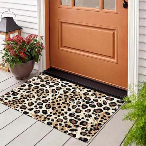 Tapis imprimé léopard beige 50x80cm lavable et antidérapant pour entrée