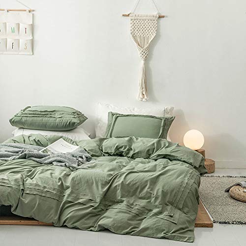 Travan 3-Piece Duvet Cover Set 100% Washed Cotton Duvet Cover Ultra Soft Solid Color Modern Style Hollow Square Design Bedding Set Natural Wrinkled Look, Olive, Queen Size