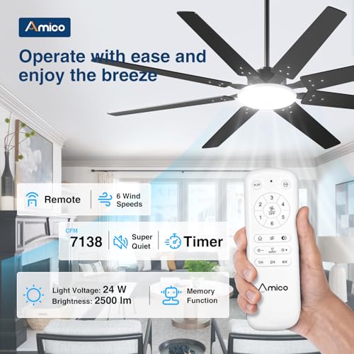 72 inch Ceiling Fans with Lights,Large Ceiling Fan with Light and Remote Control, Dimmable, 3CCT, Quiet, Black Modern Ceiling fan For Living Room, Bedroom, Kitchen, Patio, Farmhouse, Indoor/Outdoor by Amico - Used condition - Image 2
