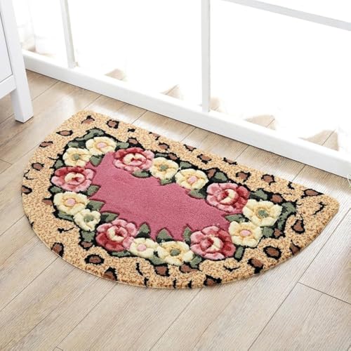 Junbse 玄関マット 半円 複数サイズ 北欧 屋外 屋内 花柄 ローズ 洗える フェンダー 防汚 滑り止め 吸水性 触感 抗菌 バスルームマット カーペット 寝室 浴室 玄関 滑り止め 柔らかい 高吸水性 (50x80cm レッド) (40*67cm,